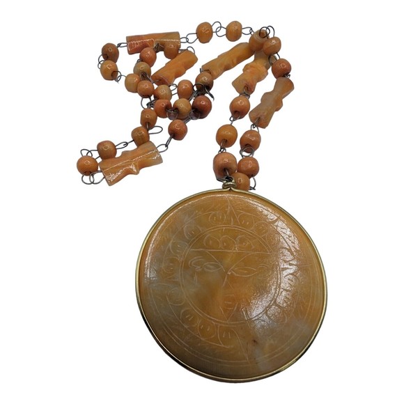 Vintage Orange Aventurine Carved Stone Aztec Pendant Necklace Tribal Sun Dial - Picture 7 of 8